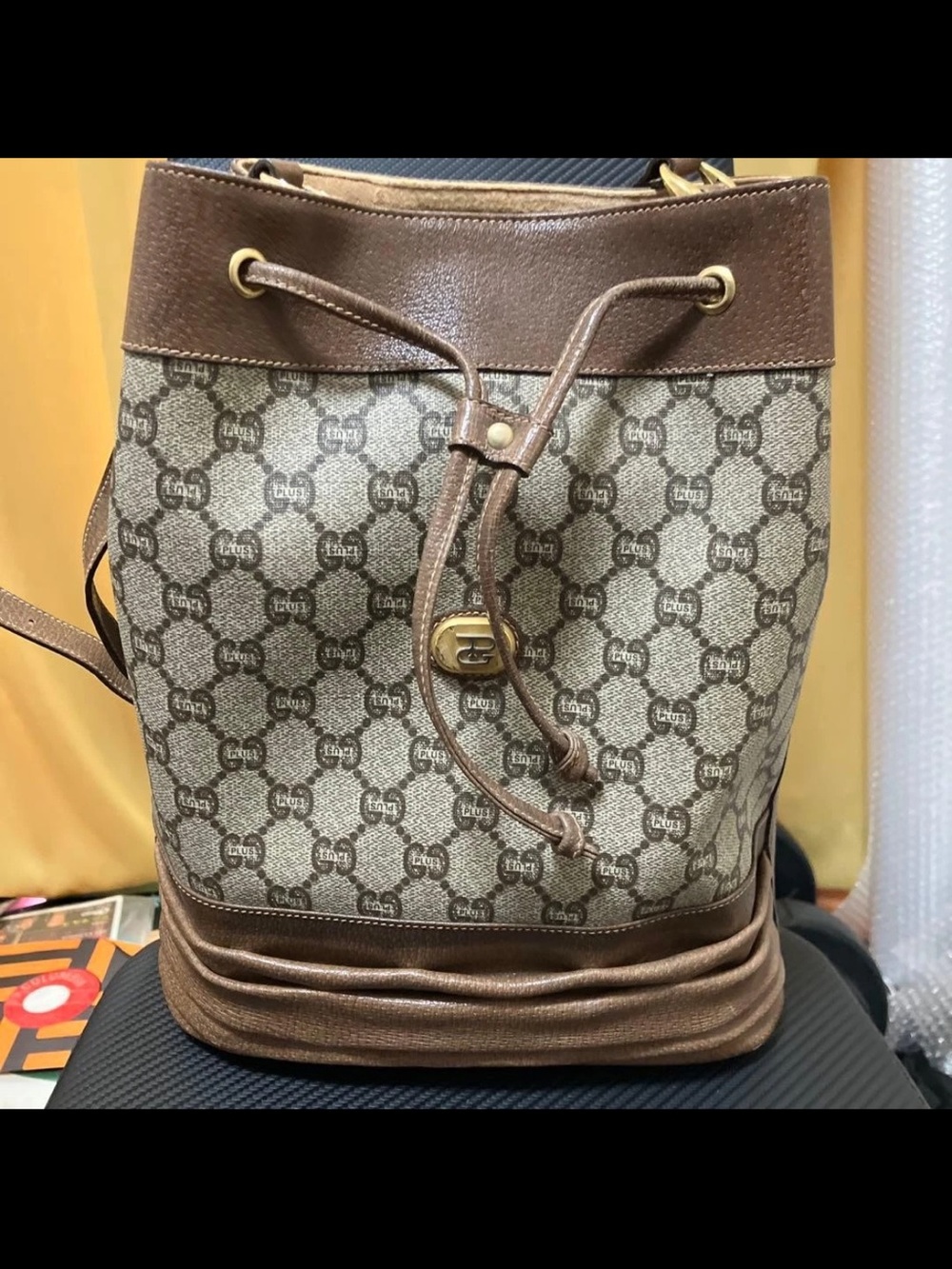 Gucci Brown Monogram Drawstring Bucket Bag